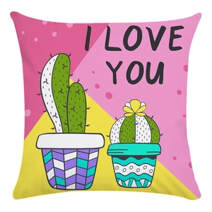 Detail of soft fabric texture on square pillowcase with cute cartoon cactus print