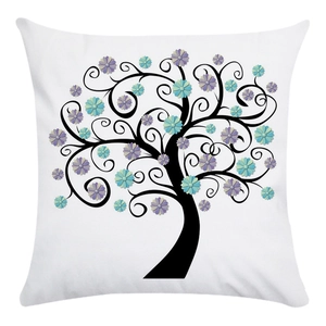 Modern white square throw pillow cover featuring tree patterns and colorful floral accents