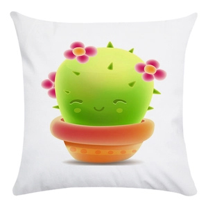 Detailed close-up of a cute green cartoon cactus print on a soft white square pillowcase