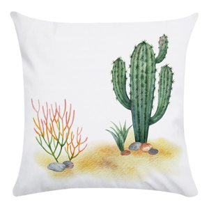 Detail of hand-painted watercolor cactus pattern on a soft white square pillowcase
