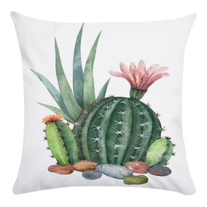 Detail view of high-quality watercolor cactus and succulent print on soft white cushion cover