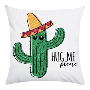 Close-up of soft white pillowcase with cartoon cactus print and Hug Me please text