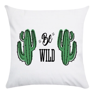 Detailed texture of soft white pillowcase with hand-drawn cactus and Be WILD print