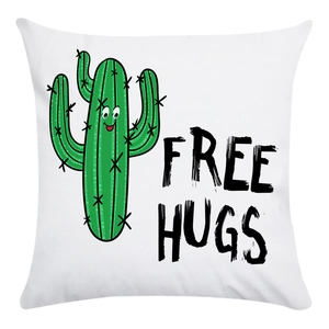 Soft white square pillowcase featuring a cartoon cactus with Free Hugs slogan print