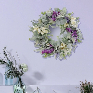 Artificial Flower Wreath Purple Lavender Lambs Ear Leaves Rattan Base Front Door Decoration Spring Summer Rustic Home Decor