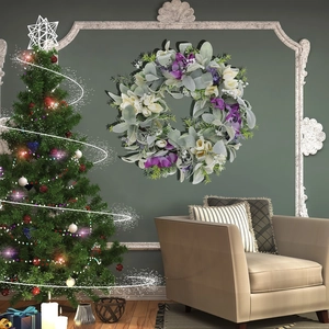 Close-up of lavender rabbit ear grass wreath with green leaves on a rustic mirror