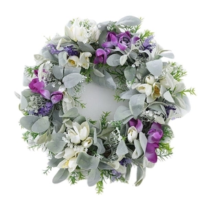 Artificial wreath with purple flowers and silver-green lamb's ear leaves on white background