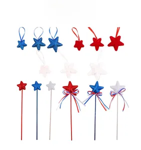 Close-up of Independence Day red white and blue glitter star ornaments and festive wands