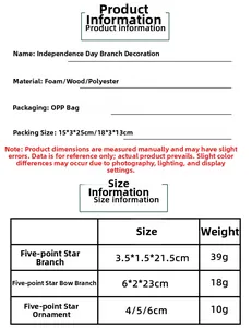 Detailed size chart for Independence Day star branch decorations and hanging ornaments