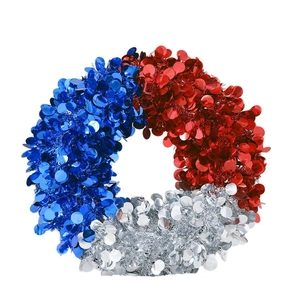 Patriotic July 4th tinsel wreath with red white and blue sequins for Independence Day decor