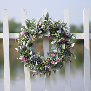 Artificial Lamb's Ear Lavender Wreath Flocked Green Leaves Purple Pink Flowers Garland For Front Door Wall Home Decor