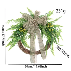 Detailed view of artificial green fern wreath dimensions 50cm diameter with burlap bow