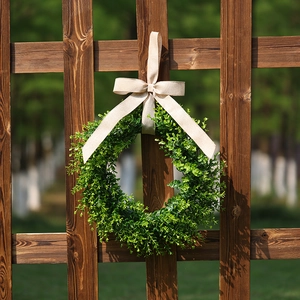 Artificial Greenery Wreath Boxwood Leaves With Burlap Bow Farmhouse Front Door Wall Hanging Decor Rustic Garden Garland