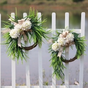 Artificial Hydrangea Wreath With Burlap Bow For Front Door Wall Hanging Farmhouse Rural Style Home Decor Floral Garland