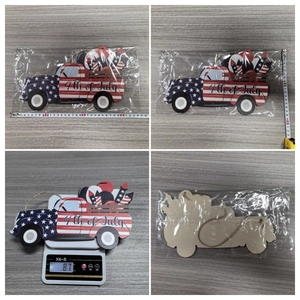Detail of 4th of July wooden truck sign showing 30cm size and 87g weight on a scale