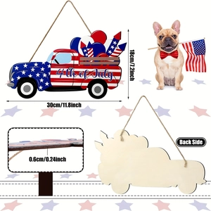 Detailed views of 4th of July wooden truck sign showing front, back, and 0.6cm thickness
