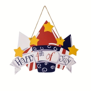 Wooden Happy 4th of July hanging sign with American flag colors and stars for home decor