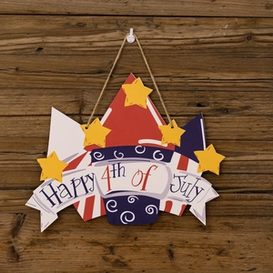 Rustic wooden Happy 4th of July door sign with stars and stripes hanging on a dark wood wall
