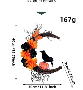 Halloween crescent wreath dimensions showing 40cm height with crow and orange dahlia