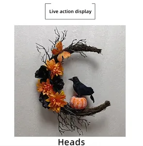Detail of Halloween crescent moon wreath with black crow, orange flowers and butterfly