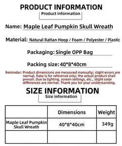 Tabella taglie con dimensioni 40x40cm e peso 349g per la corona di Halloween