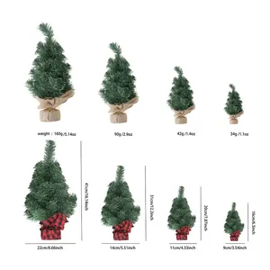 Mini tabletop Christmas trees in burlap and plaid bases with size guide details