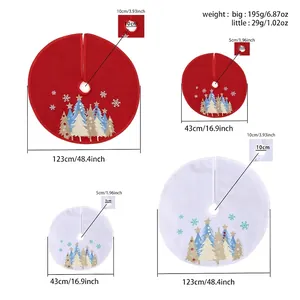 Christmas tree skirt size guide featuring red and white glitter snowflake patterns