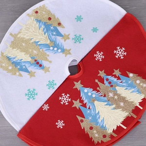 Christmas tree skirt with gold glitter tree prints and snowflakes on red white fabric