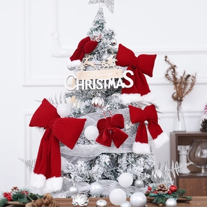 Red Velvet Christmas Bow Ornament Hanging Tree Decoration With White Faux Fur Trim Large Holiday Plush Bow For Home