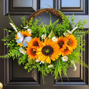 Künstlicher Sonnenblumenkranz Mit Schmetterling Gänseblümchen Simulation Grünpflanzen Girlande Für Haustür Wand Haus Deko