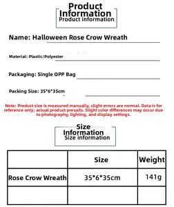 Size chart showing material and dimensions for the Halloween black rose raven wreath