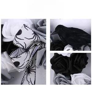 Detail showing black and white faux roses with crow and spiderweb ribbon for Halloween