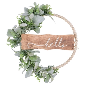 Wooden bead wreath with artificial greenery and Hello sign for rustic home wall decor