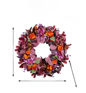 Detail view of 45cm autumn wreath with orange peonies and purple hydrangea dimensions