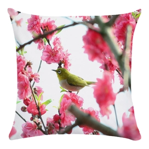 Soft cushion cover featuring a detailed green bird and pink peach blossoms design