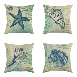4er-Set Kissenbezüge mit blauen Seestern- und Muschelmotiven im maritimen Stil