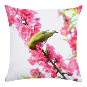 Detail of peach blossom and bird print on soft square pillowcase with smooth texture