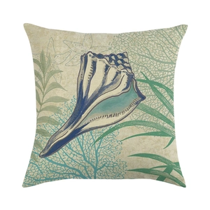 Detaillierte Textur des Kissenbezugs aus Baumwollleinen mit handgemalten blauen Muscheln