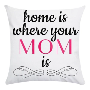 Detailed view of white square pillow cover with pink MOM typography and soft texture