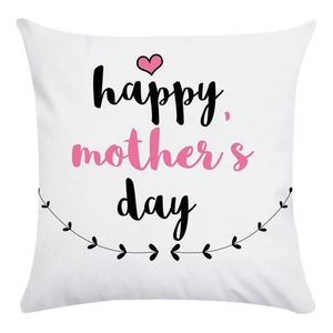 White Happy Mother's Day pillowcase with pink hearts and black leaf patterns