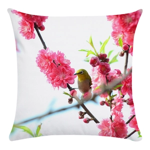 Soft square throw pillow case featuring peach blossoms and a bird in Chinese art style