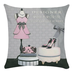 Detail of soft square pillowcase featuring vintage fashion dress and shoe patterns