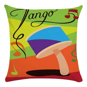 Dettaglio della scritta tango e tamburi colorati su federa morbida a tema musicale