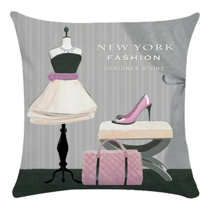 Detail of oil painting style dress and handbag print on square pillowcase