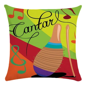 Fodera per cuscino con strumenti musicali, testo Cantar e grafiche colorate di maracas