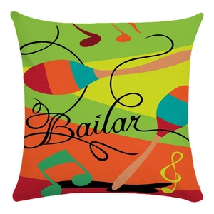Fodera per cuscino colorata con motivi musicali, maracas e scritta artistica Bailar