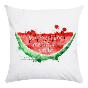 Detail of soft white pillowcase with watermelon print and summertime mellow smile text