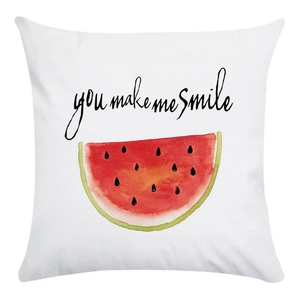 Detail of soft pillowcase featuring watercolor watermelon art and you make me smile text