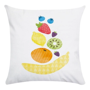 Detailed view of square pillowcase with watercolor fruit print on white background