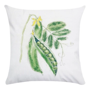Detailed view of hand-painted pea and flower pattern on soft square white pillowcase